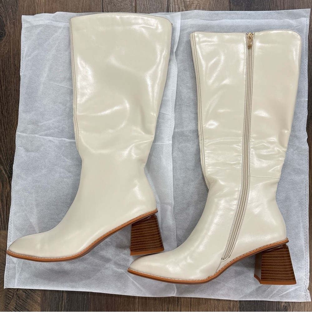 Women's Cream Knee-High Leather Boots - Classic Block Heel - Picture 2 of 11